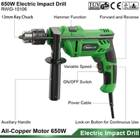 Perceuse électrique filaire professionnelle 650W 13mm OEM d'usine, perceuse à percussion à vitesse variable et outil électrique pour métal et bois