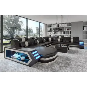 Modern Design L Shaped Sectional Grey Black Red White Living Room Leather Sofas with Led Lights and Storage