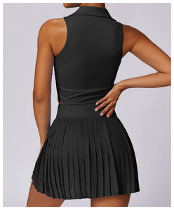 Kaos Santai Olahraga Luar Ruangan Rok Lipit Yoga Set Tenis Pakaian Olahraga Wanita Bahan Bernapas Anti Guncangan Lari Spandex/Nilon - Product Image 3