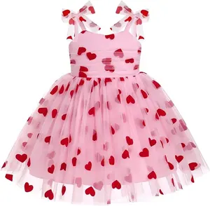 Customize Red Heart Mesh Sleeveless Bow Straps Smock Back Pink Color Girl Dress In Summer For Children