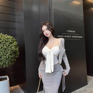 Hong Kong Style Striped Three Piece Set Women's Casual Suit Full Sleeve Top High Waist Skirt Autumn Winter Spring - Product Image 1