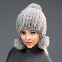 Handgestrickte Bommelmütze aus echtem Nerzfell für Damen, Winter, Reisen, Outdoor, warmer Ohrenschutz, modisch