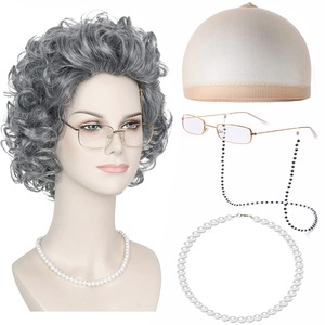 Perruque de grand-mère Halloween, cheveux courts bouclés, pour cosplay de femme âgée, homme âgé, adulte unisexe d'âge moyen/<span class=keywords><strong>mature</strong></span>, costume en soie - Product Image 3