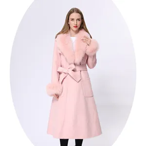 Real Fox Fur Collar Girls Pink Cashmere Coat Long Ankle Length Wool Trench Coat