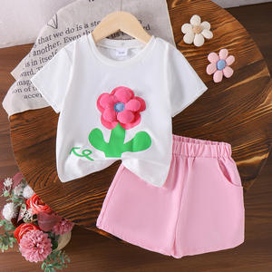 Nuovo arrivo estivo, graziosa maglietta beige con fiori e <span class=keywords><strong>pantaloncini</strong></span> <span class=keywords><strong>rosa</strong></span>, dolce <span class=keywords><strong>outfit</strong></span> casual da ragazza - Product Image 2