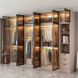 Armoire de luxe sur mesure avec portes vitrées et éclairage LED, système de rangement moderne haut de gamme pour chambres à coucher, idéal pour les projets de villas et d'appartements - Product Image 1