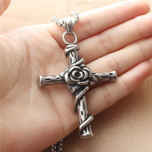 yunnique Stainless Steel <b>Cross</b> Pendant Necklace With Rose Design For Men Fashion Jewelry 190150 - Product Image 3