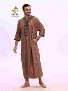 Al Haramain <b>Men's</b> Brown Embroidered <b>Thobe</b> Three-Quarter Sleeve Ankle Length Cotton Prayer Robe Casual Loose Fit Middle East - Product Image 4