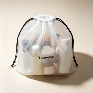 Sac à cordon en PE givré blanc avec logo personnalisé, pochette de rangement en plastique transparente pour vêtements, cosmétiques, emballage de voyage - Product Image 2