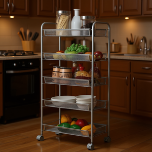 Chariot de rangement roulant à 5 niveaux en acier inoxydable, organisateur de cuisine avec roues verrouillables et crochets pour la maison et le bureau - Product Image 2