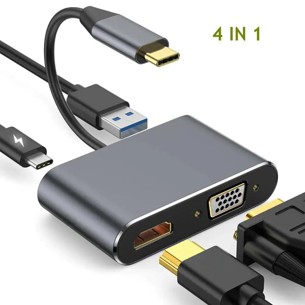 Пользовательское высокоскоростное 4 в 1 USB C Type-C к HDMI 4K VGA PD быстрое зарядное устройство USB 3,0 Аудио Видео адаптер