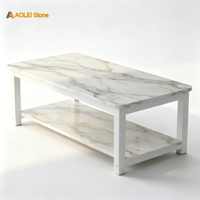 Table basse double niveau en marbre blanc de luxe, surface polie, design moderne, structure métallique robuste - Décoration pour chambre et salon