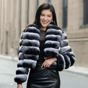 Precio al por mayor Natural Animal Skins moda lujo mujer invierno Jacke marinero cuello Real Chinchilla abrigo de piel de conejo