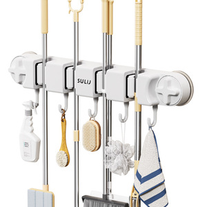 Support <span class=keywords><strong>mural</strong></span> pour balai et serpillière en plastique, fixation sans perçage pour porte de salle de bain, étagère arrière, crochet de suspension pour balai et serpillière - Product Image 5