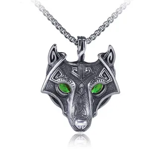 모조리 정통 부적-남자 바이킹 스테인레스 스틸 노르웨이 늑대 머리 원래 동물 부적 늑대 머리 펜던트 목걸이 (녹색 눈)