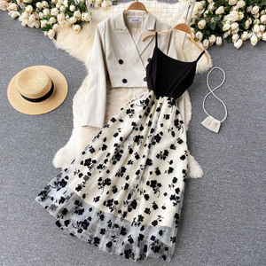 Women Coat Set - Ladies Coat Dress Set - Floral Midi