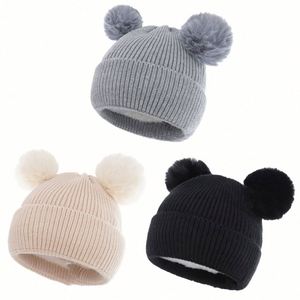 Children Warm Knitted Beanie <b>Hat</b> with 2 Pom Pom <b>Winter</b> for Kids and Baby 3D Embroidery Image Style 100% Acrylic Business Use - Product Image 1