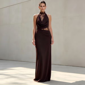 <span class=keywords><strong>Robe</strong></span> de soirée sirène en satin marron <span class=keywords><strong>chocolat</strong></span> avec encolure licou, <span class=keywords><strong>d</strong></span>écoupes en dentelle et col drapé, <span class=keywords><strong>robe</strong></span> de cérémonie, <span class=keywords><strong>robe</strong></span> longue pour invitée de mariage ou <span class=keywords><strong>demoiselle</strong></span> <span class=keywords><strong>d</strong></span>'<span class=keywords><strong>honneur</strong></span> - Product Image 3