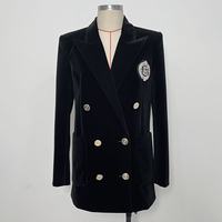 Blazer mi-long en velours noir élégant pour femme, automne-hiver