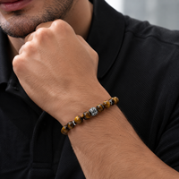 Herren Natürliches Tigerauge Stein Armband 10mm Perlen Stretch-Schnur Edelstahl Charm Schmuck