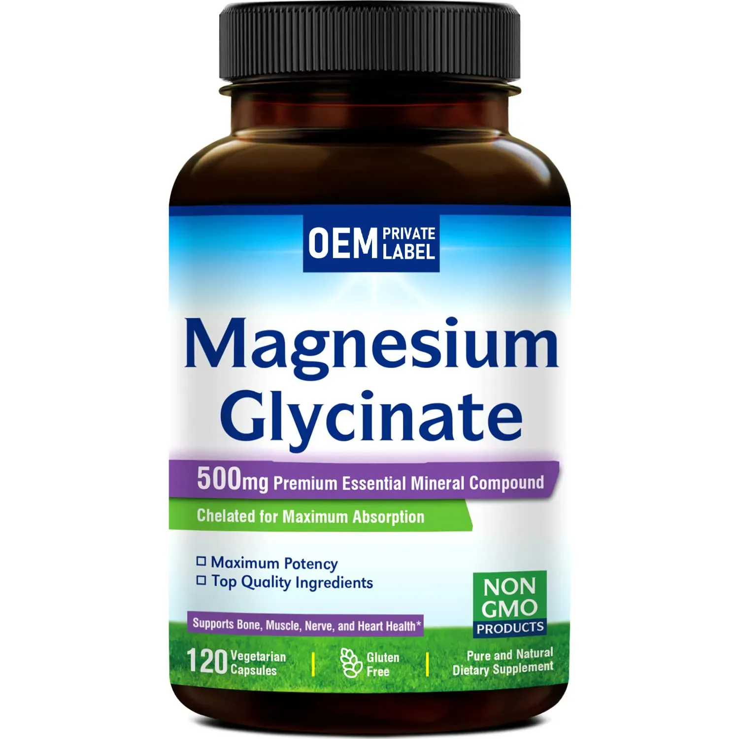 Private label Magnesium supplement magnesium glycinate capsules 500mg for Stress, Relaxation, Muscle & Bone Health Support