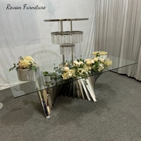 Table de salle à manger de mariage en acier inoxydable argenté de haute qualité de luxe avec plateau en verre trempé