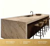 Îlot de cuisine en marbre Taj Mahal, quartzite blanc ivoire, veines dorées claires, finition cuir, bordure mitrée, design de luxe discret