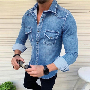Primavera autunno <span class=keywords><strong>Jeans</strong></span> da <span class=keywords><strong>uomo</strong></span> a maniche lunghe camicie in Denim da <span class=keywords><strong>uomo</strong></span> in morbido cotone due tasche <span class=keywords><strong>camicia</strong></span> in Denim <span class=keywords><strong>Slim</strong></span> Fit - Product Image 2