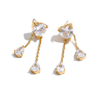 Boucles d'oreilles pendantes JINYOU 8015 tendance en acier inoxydable plaqué or PVD, cœur en zircon cubique, double chaîne, forme goutte d'eau