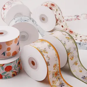 Width 1.5 inch Polyester cotton double face hair Ribbon flower printed packaging ribbon For gift box wrapping