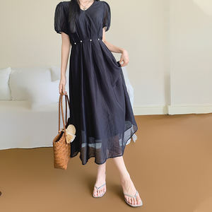 <span class=keywords><strong>Femme</strong></span> Noir pour Tencel Mince Robe Ample Mi-Longueur Taille Réduction Niche avec Style Décontracté - Product Image 1