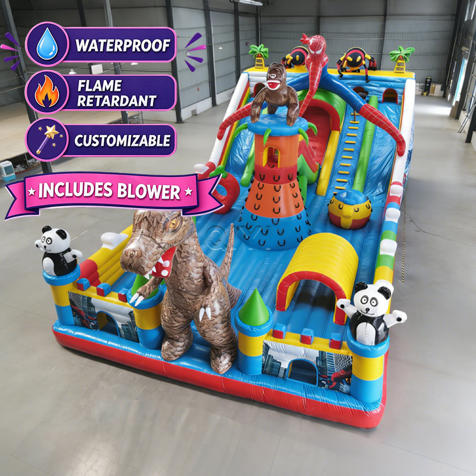 Building Blocky Pattern Cartoon Jumbo Inflatable Building Block Dinosaur Jungle Bounce House ...