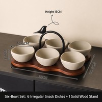 Ensemble de bols à collation en grès avec support en bois massif et poignée en forme d'oiseau, 3, 4 ou 6 bols, plat de service pour noix, sauces, bonbons et apéritifs, beige