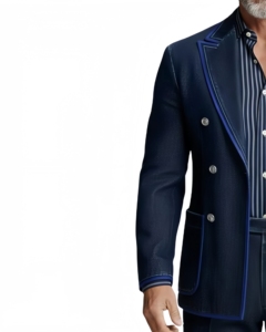Blazer en jean bleu marine pour homme avec passepoil bleu roi – Veste de costume élégante et formelle au design sur mesure de qualité supérieure - Product Image 3