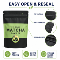 Sachet de Matcha Japonais de Qualité Cérémoniale, Emballage de Thé Bio Premium Noir Mat, Refermable, Sans Gluten, avec Fermeture Éclair