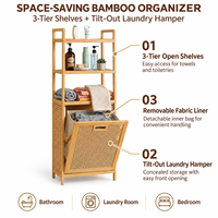 Étagère de rangement en bambou avec panier à linge inclinable en rotin, organisateur autoportant à 3 niveaux avec doublure en tissu amovible