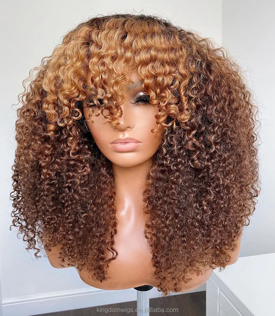 Ombre Afro Kinky Curly Human Hair Wigs Cuticle Aligned Swiss Lace Front Closure Indian Human Hair Wigs with bangs