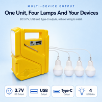 Station d'alimentation portable DC, kits d'éclairage solaire portables, système radio-musique-lumières avec ampoules d'urgence, panneau solaire