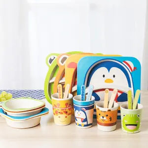 Fibra de bambú de dibujos animados niños plato dividido taza tazón tenedor y cuchara juego de vajilla de bambú juego de plato de comida para niños