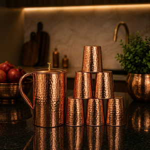 Decorative Copper <b>Jug</b> and Tumbler Set with Hammered Finish for Daily <b>Drinking</b> and Gift Purposes - Product Image 1
