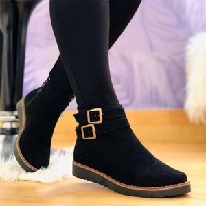 Nouvelles <span class=keywords><strong>Bottes</strong></span> Courtes en <span class=keywords><strong>Daim</strong></span> Plat pour Femmes, Grande Taille, <span class=keywords><strong>Bottes</strong></span> Martin en Caoutchouc avec Boucle de Ceinture Tendance - Product Image 3