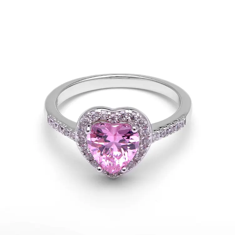 Mayorista Piedra preciosa Color Rosa Diseño de corazón 5A Anillo DE CIRCONIA Joyería fina 925 Anillo de compromiso de corazón rosa de plata Anillo de aniversario