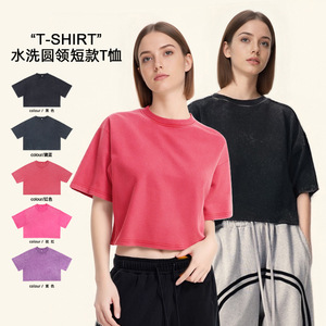 T-shirt <span class=keywords><strong>Crop</strong></span> Top in Cotone con Logo Personalizzato, Effetto Acid Wash Vintage, Sexy e Trendy per Ragazze e Donne, Streetwear - Product Image 2