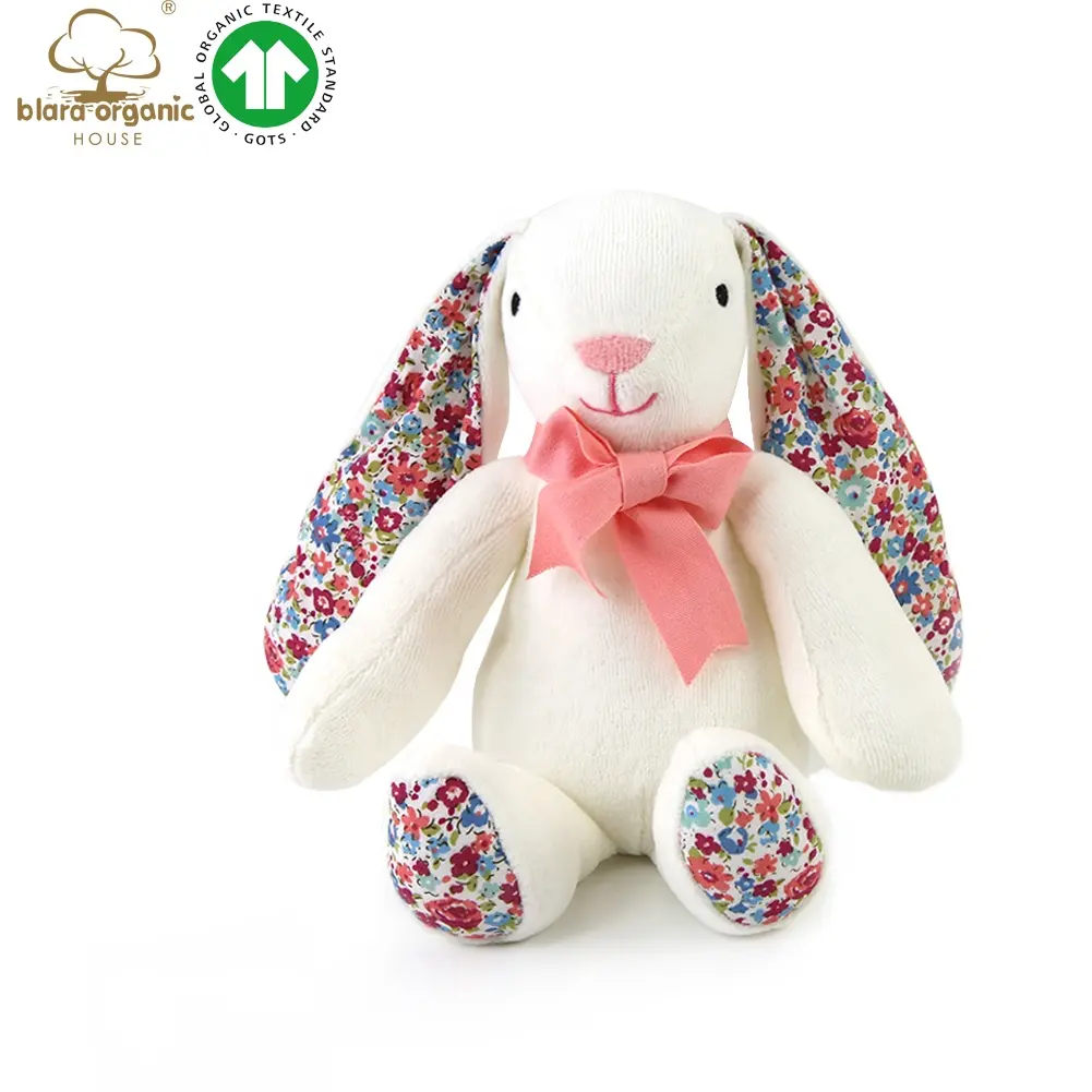 Velour organik yang ramah di kulit mainan binatang mewah anak-anak bayi baru mainan hewan kelinci putih dengan telinga dan cakar berpola bunga untuk anak-anak