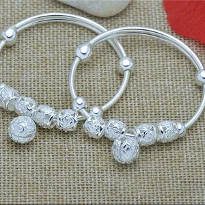 990 Pure Silver Children's adjustable bracelet Handcrafted silver hollowed flower bell baby bracelet jewelry