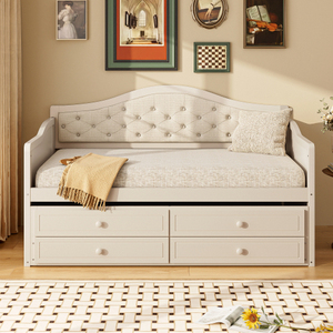 Modern Twin Daybed Trundle <b>Bed</b> 2 Storage Drawers Adjustable Eco-Friendly Upholstered Linen Sofa <b>Bed</b> Button Tufted <b>Backrest</b> <b>for</b> - Product Image 2