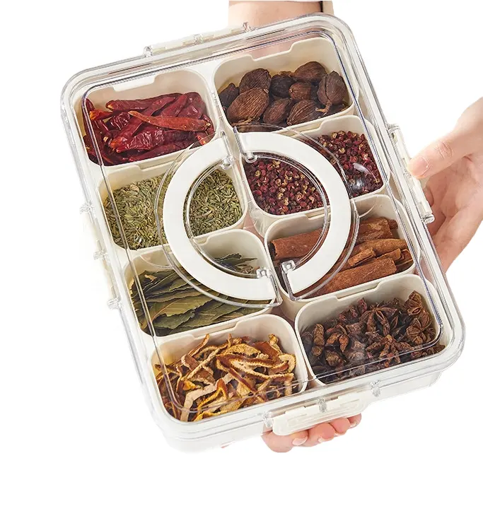 Caixa plástica clássica para armazenamento de temperos de cozinha, recipiente para alimentos e especiarias, embalagem selada e dividida, ideal para acampamento em casa
