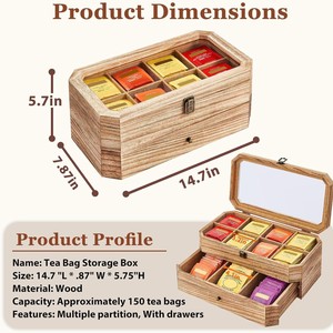 Wooden Tea Bag <b>Storage</b> <b>Box</b> With Lid Two Layer Organizer Rectangle Shape For Tea Coffee <b>Storage</b> Bins - Product Image 3