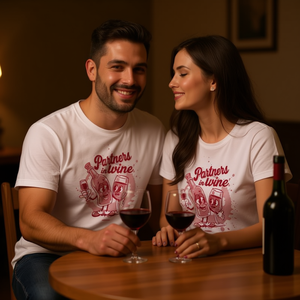 Camiseta blanca Partners In Wine, diseño a juego para parejas, regalo para amantes del vino - Product Image 3