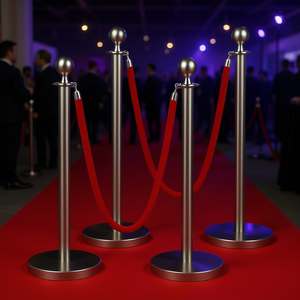 4 Postes de Acero Inoxidable con 2 Cuerdas de Terciopelo Rojo, Base Hueca Plateada, para Control de Multitudes, Alfombra Roja, Artículos para Fiestas - Product Image 2